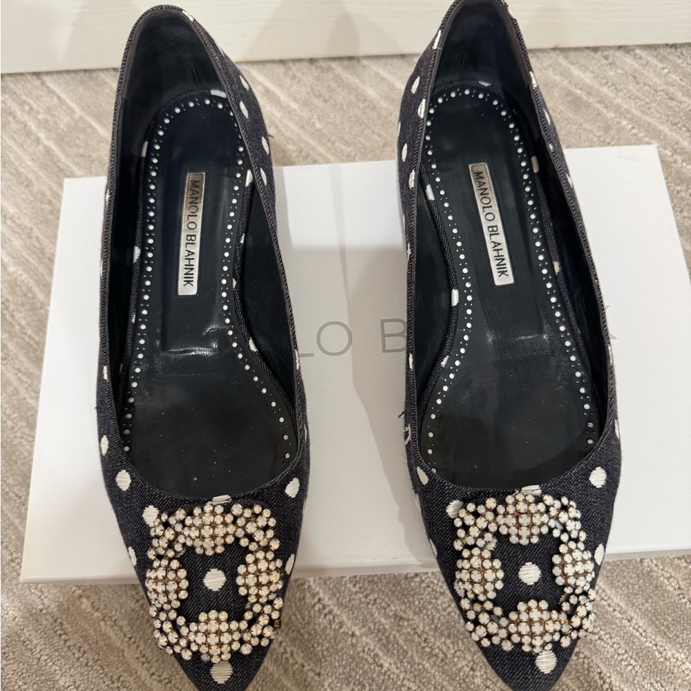 Manolo Blahnik Hagisi Denim Polka Dot flats navy blue